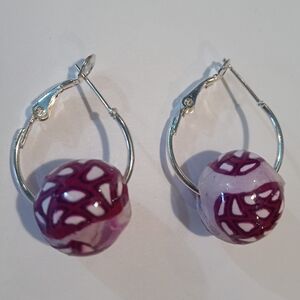 Beautiful S. Silver Deep Purple/White Swirl Glass Ball Safety Closure Earrings